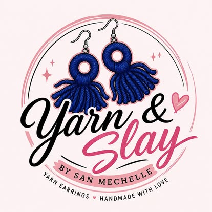 Yarn & Slay logo featuring blue handmade yarn earrings