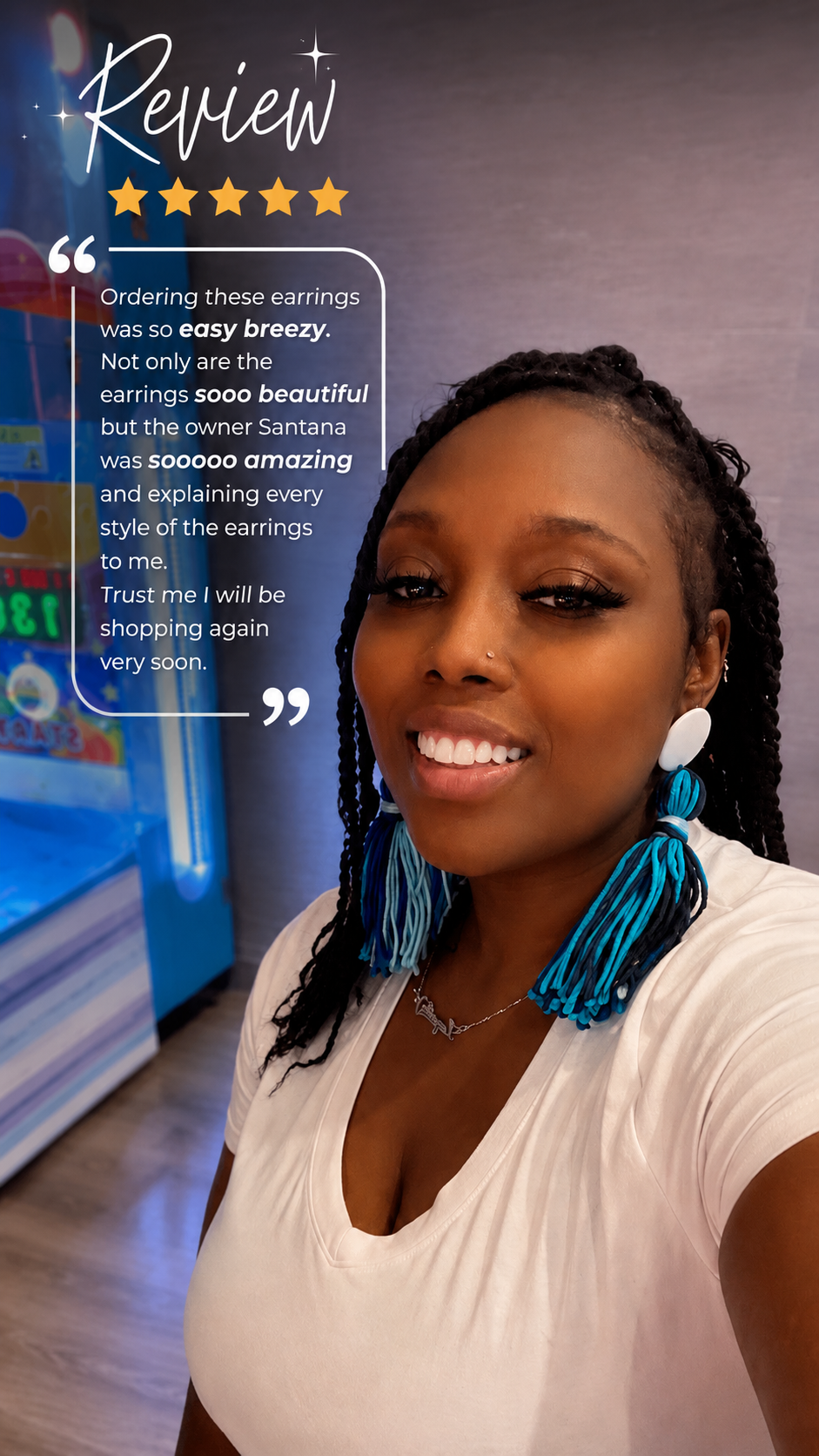 Customer wearing blue tassel earrings with 5-star review