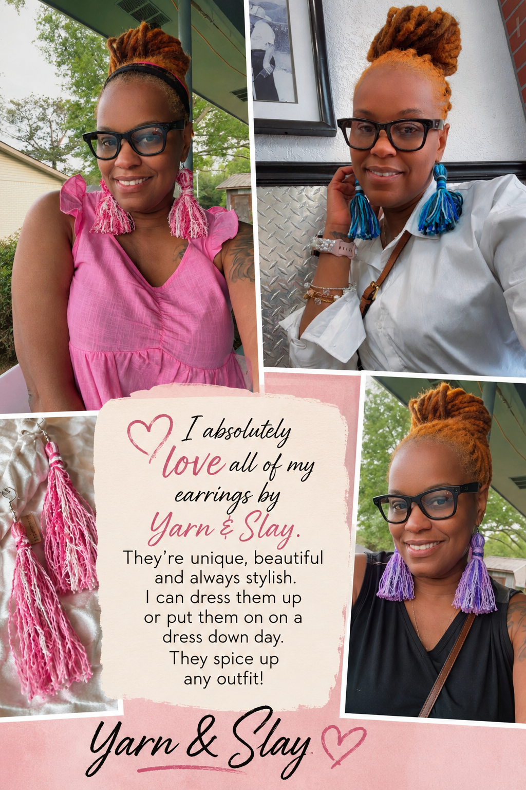 Customer collage wearing pink, blue, and purple Yarn & Slay tassel earrings with love note
