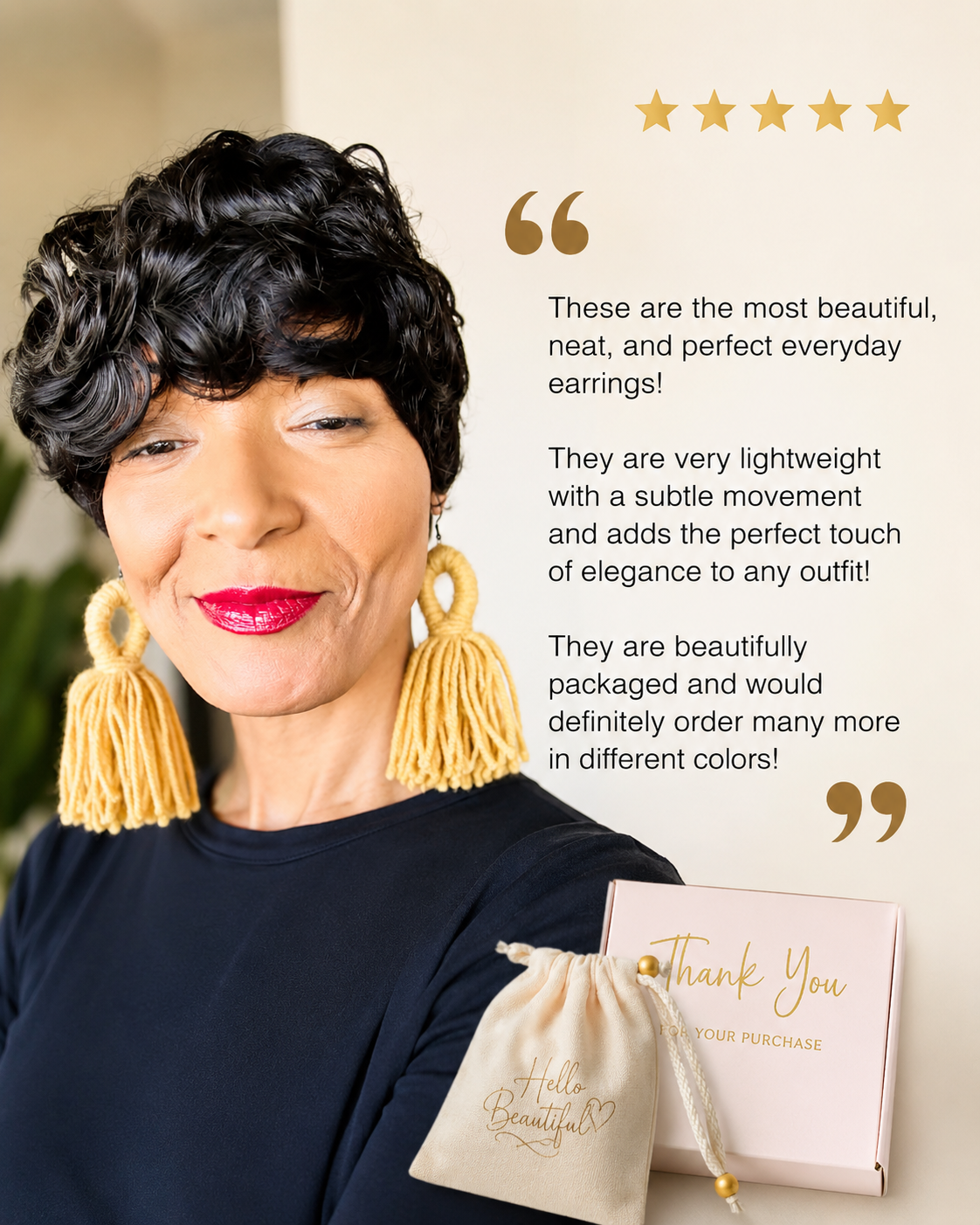 Customer wearing gold tassel earrings with 5-star review
